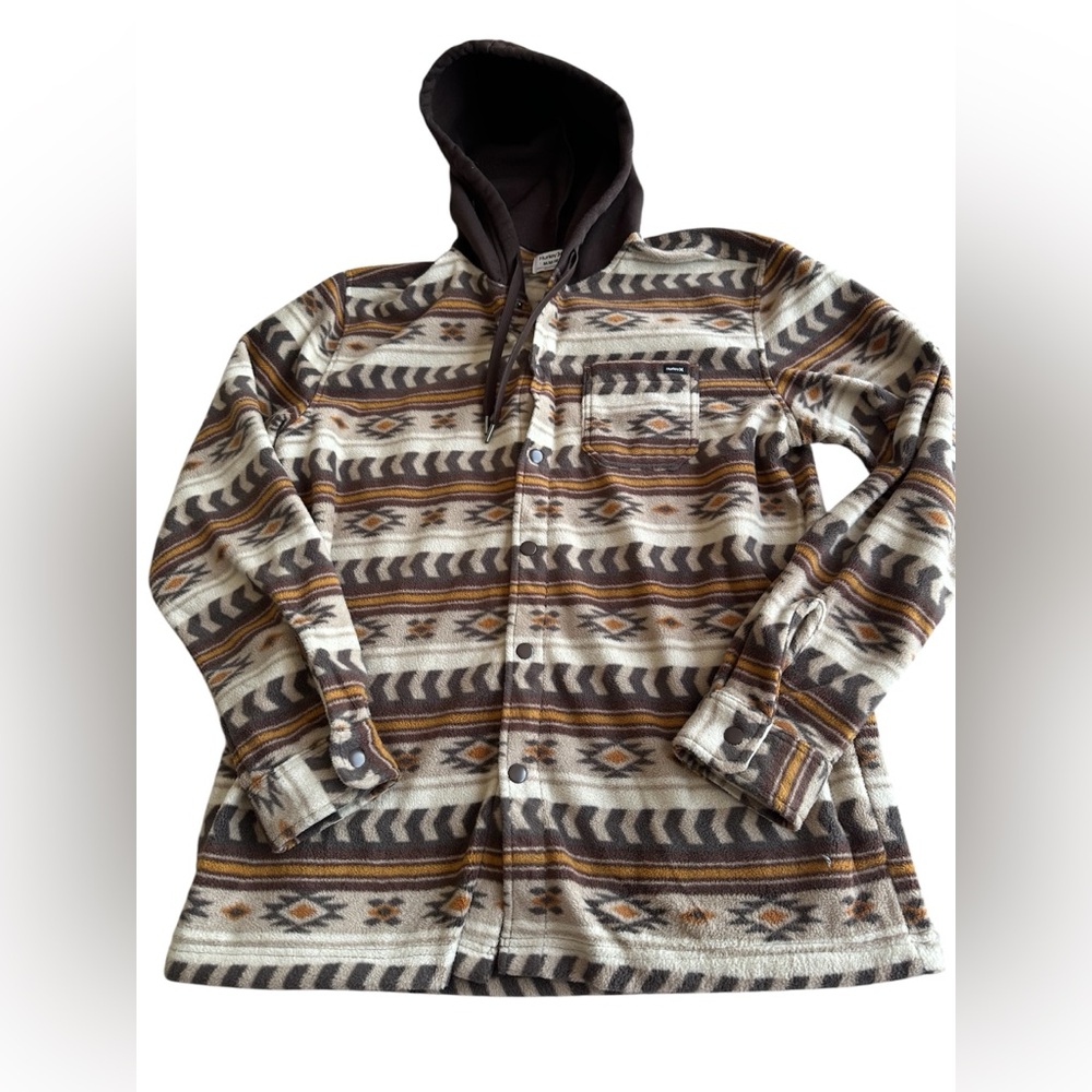 Hurley Rio Twill Shacket Hooded Button Polar Fleece Size Medium Brown/Khaki